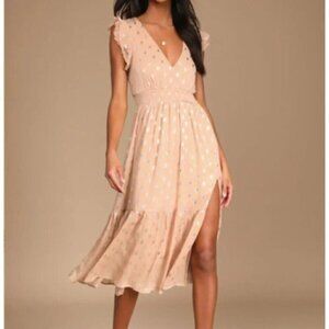 Lulu's Cause to Celebrate Mauve and Silver Ruffled Tiered Midi Dress S